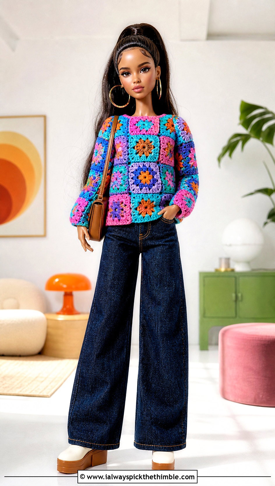 Granny Square Crochet Doll Sweater With Wide Leg Jeans - 20 Crochet Sweater For Dolls outfit ideas