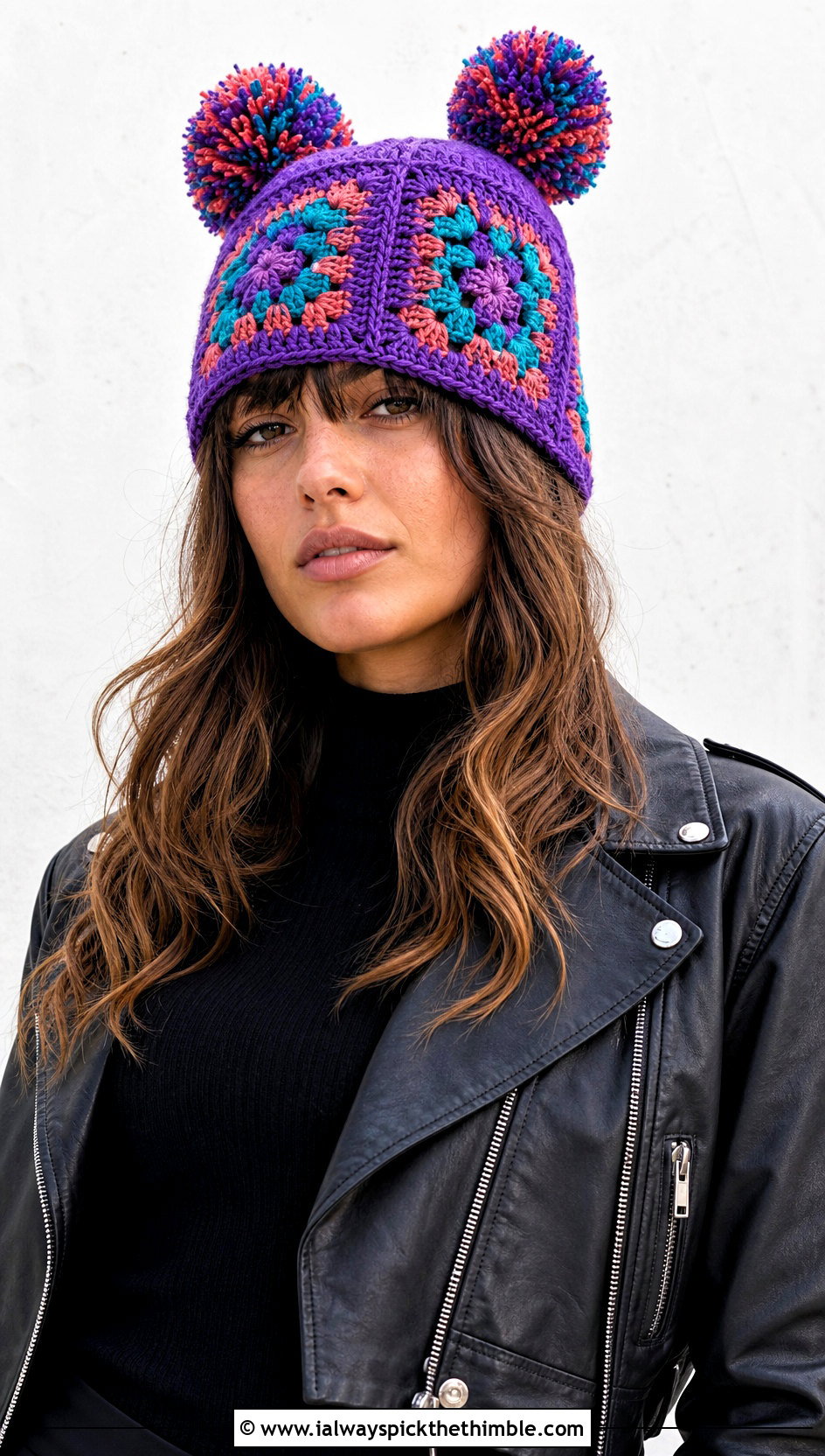 Granny Square Crochet Double Pom Pom Hat With Leather Jacket - 20 Crochet Hat With Two Pom Poms outfit ideas