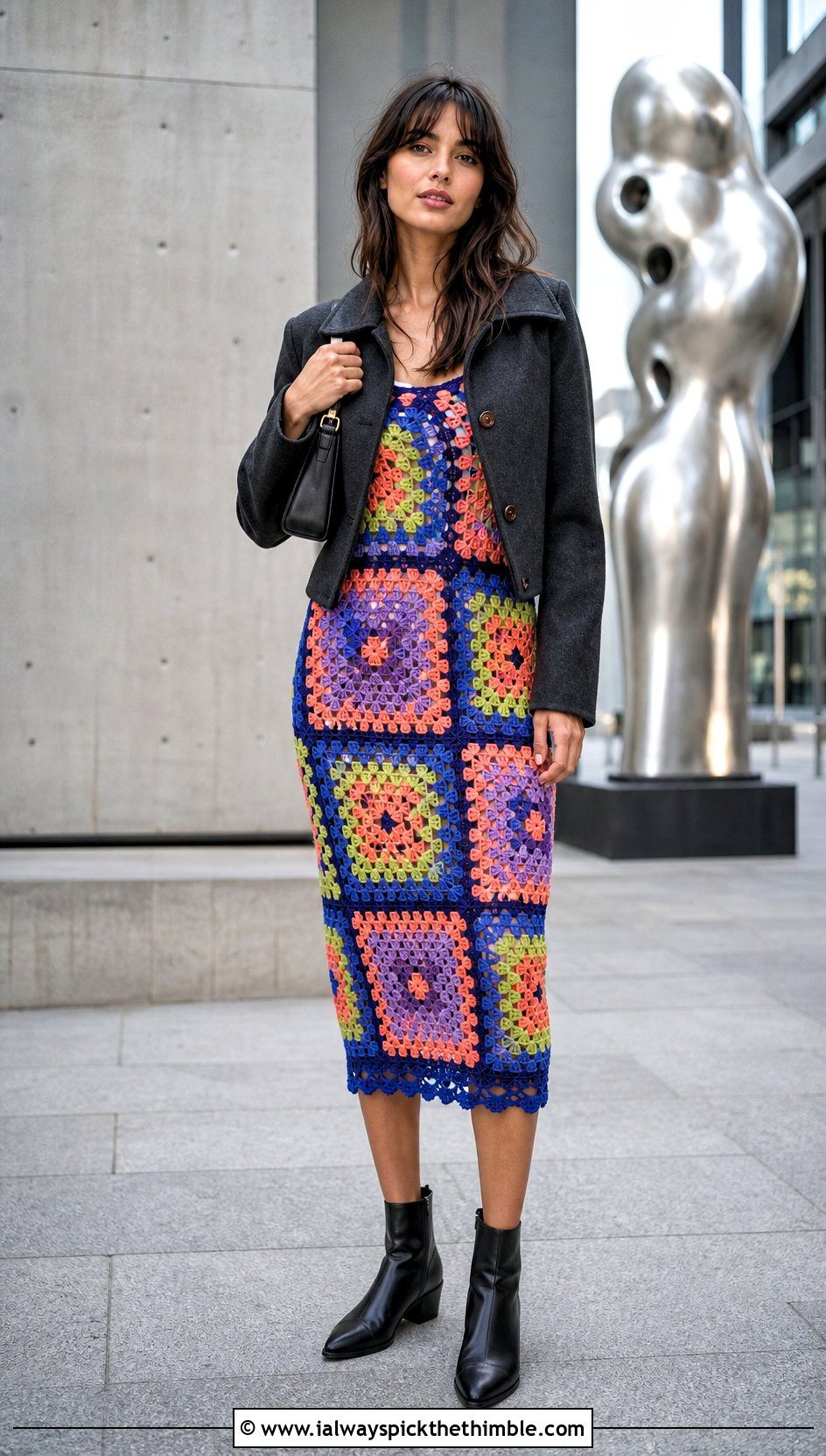 Granny Square Crochet Dress With Ankle Boots - 20 beginner crochet clothing and outfit ideas