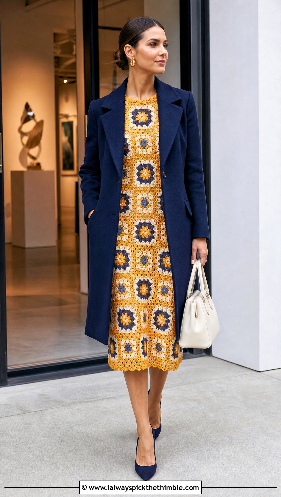 Granny Square Crochet Dress With Tailored Coat - 25 Formal Crochet Dress outfit ideas