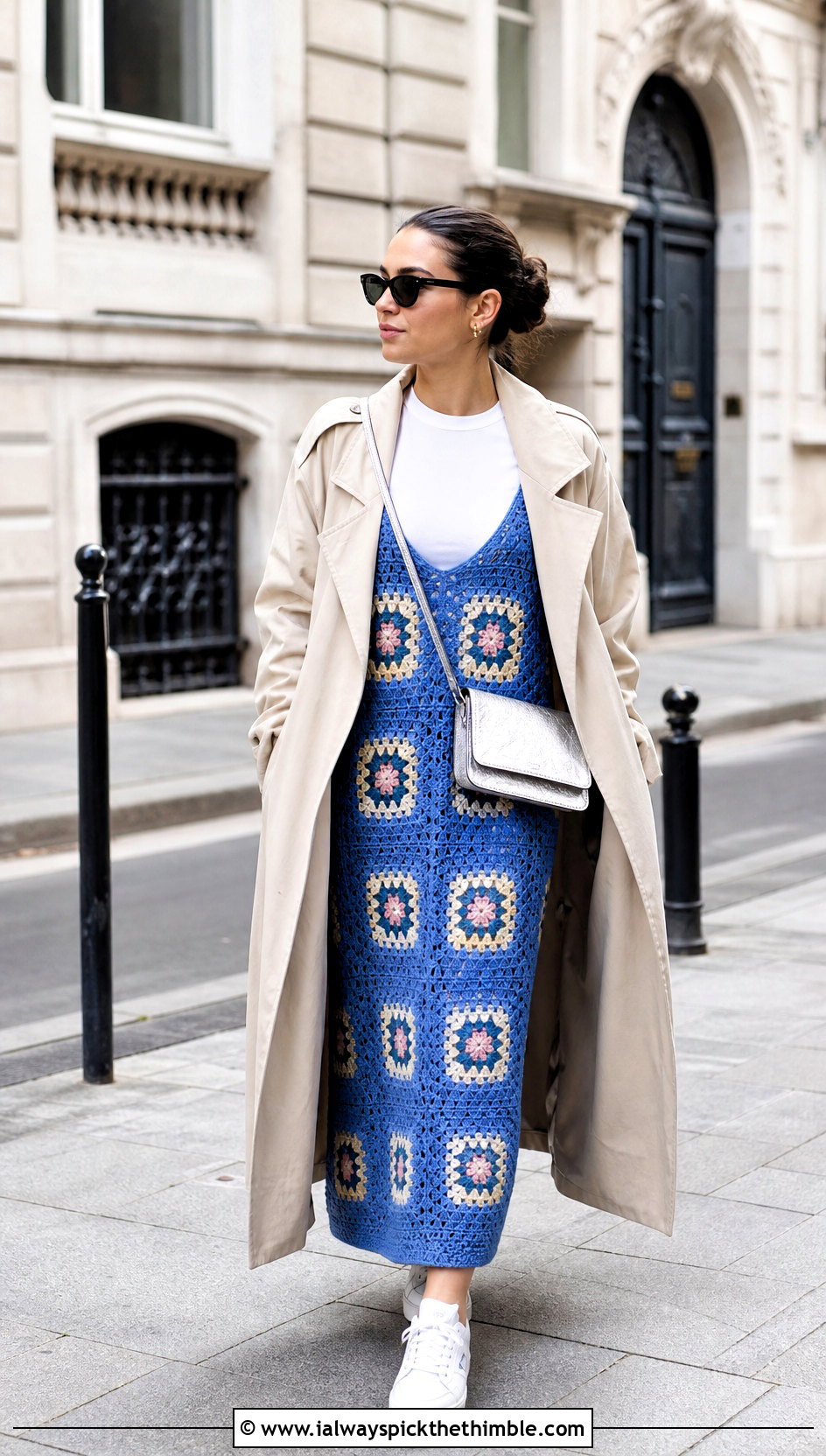 Granny Square Crochet Dress With Trench Coat For March - 15 Crochet Dress 12 Months outfit ideas
