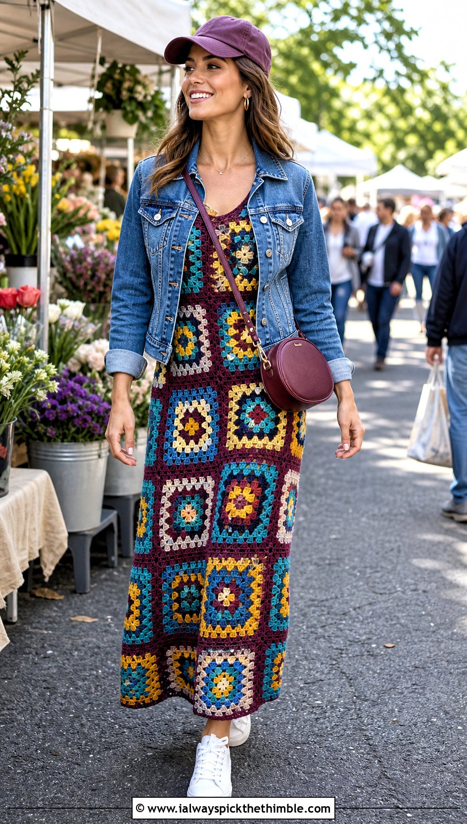 Granny Square Crochet Dress With White Sneakers - 20 crochet dress accessories outfit ideas