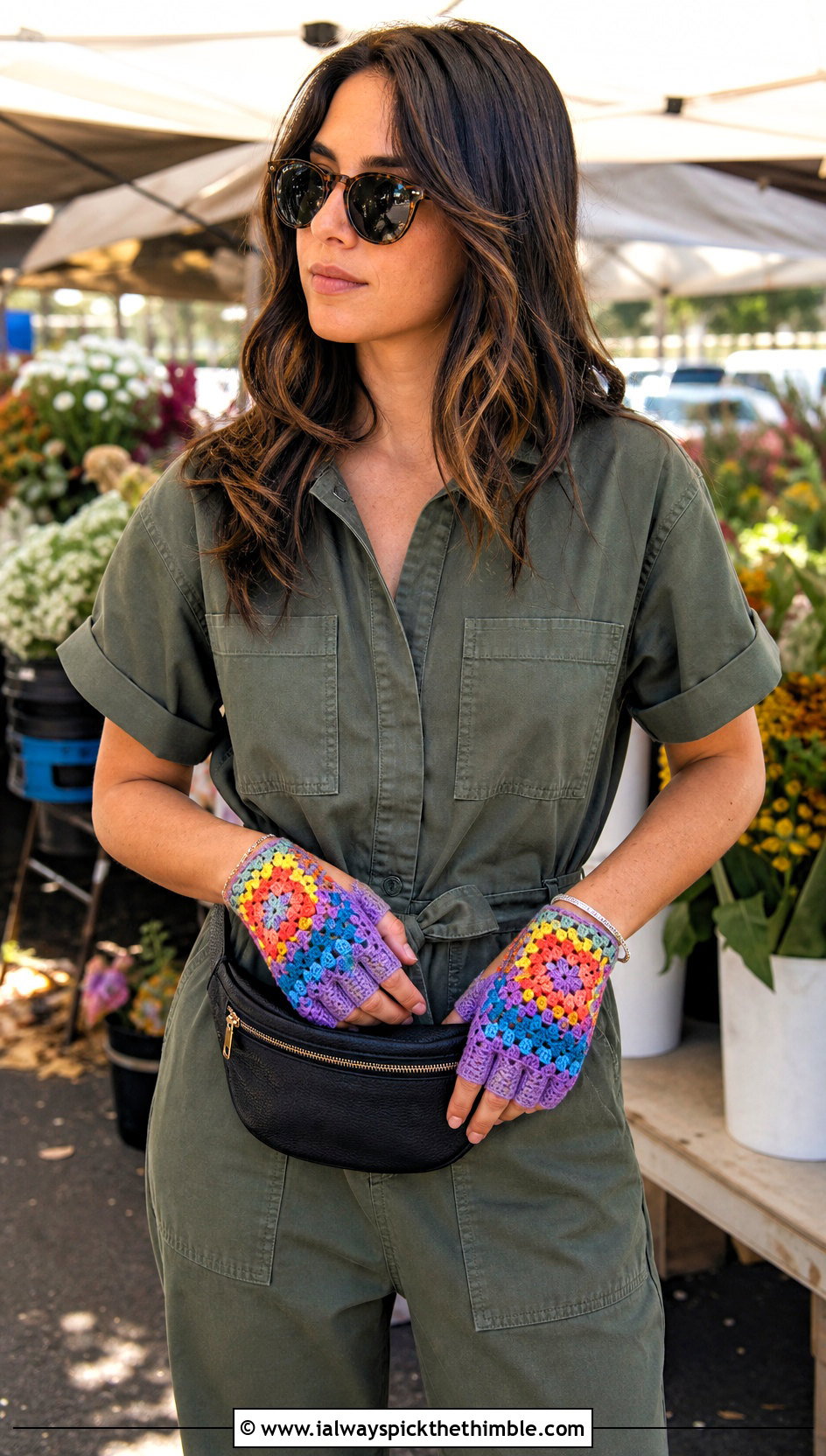 Granny Square Crochet Driving Gloves With Utility Jumpsuit - 20 Crochet Driving Gloves outfit ideas