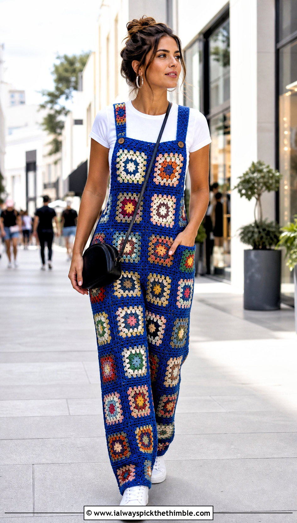 Granny Square Crochet Dungarees With White T Shirt - 20 crochet dungarees outfit ideas