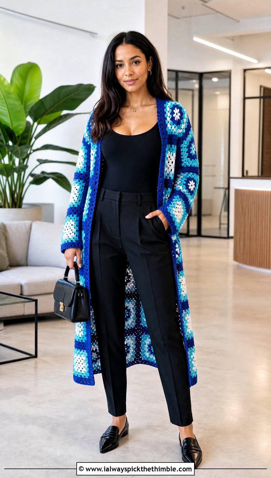 Granny Square Crochet Duster Cardigan With Tailored Trousers - 25 crochet duster cardigan outfit ideas