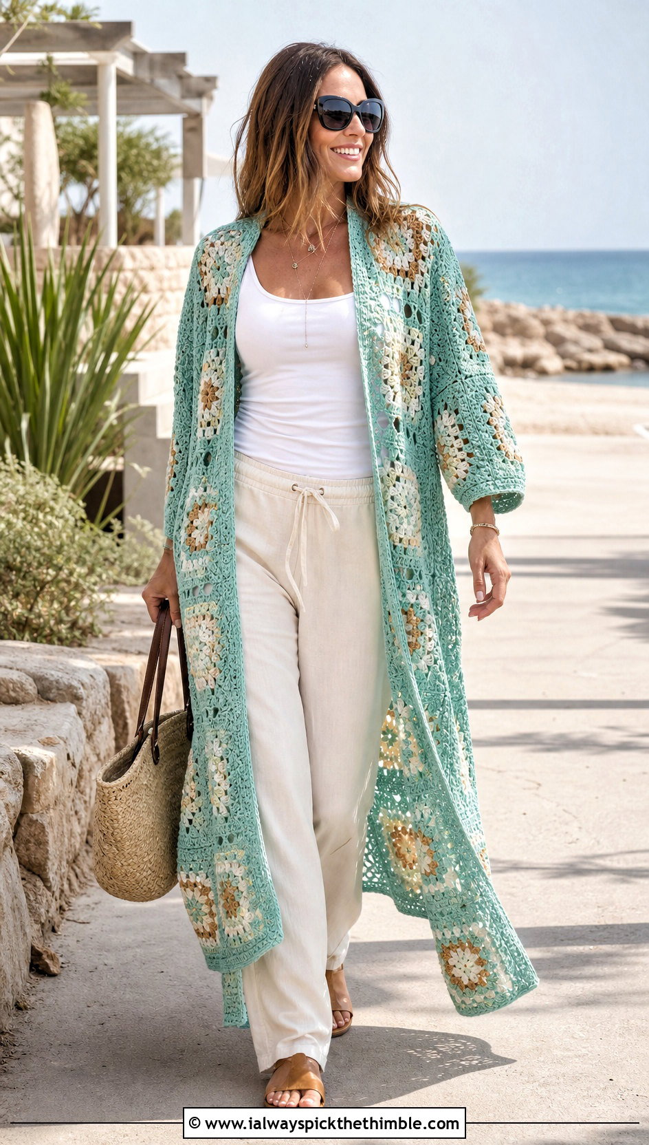 Granny Square Crochet Duster Coat With Linen Pants - 15 Granny Square Crochet Coats & Jackets outfit ideas