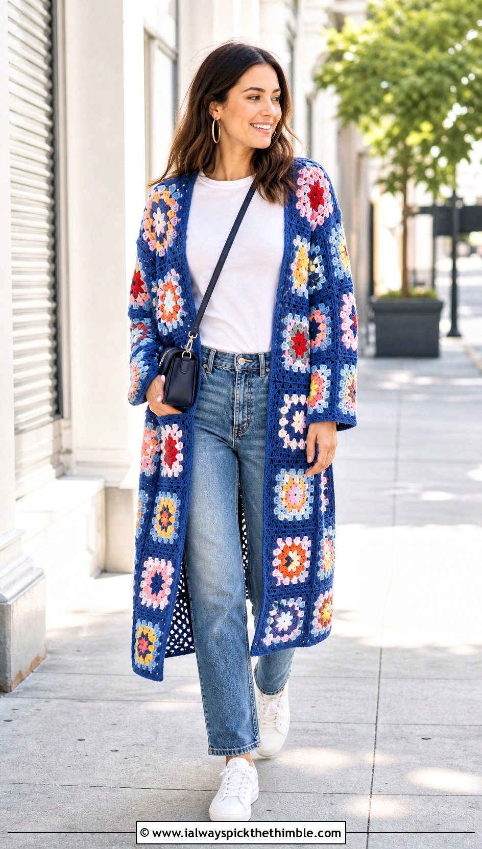 Granny Square Crochet Duster Coat With Straight Leg Jeans - 25 crochet coat outfit ideas