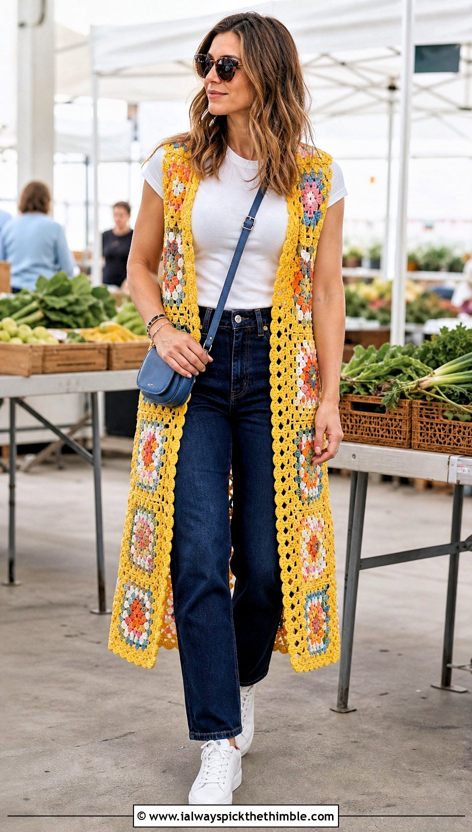 Granny Square Crochet Duster Vest With White Tee And Jeans - 20 crochet duster vest outfit ideas