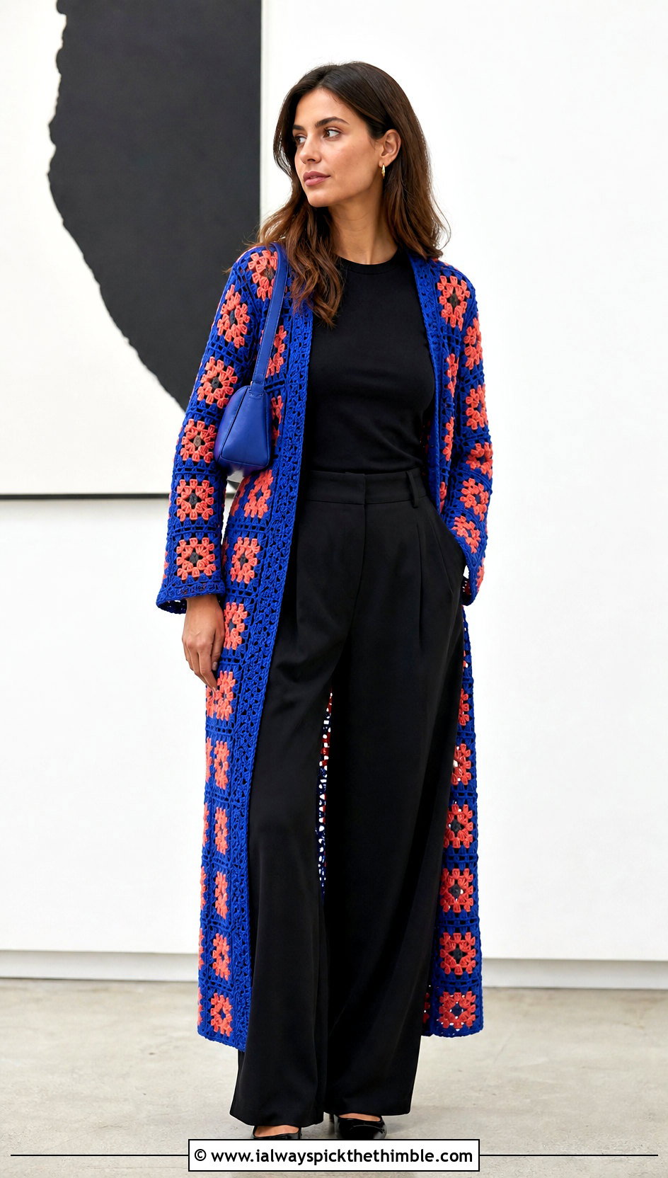 Granny Square Crochet Duster With Black Trousers - 20 crochet duster outfit ideas