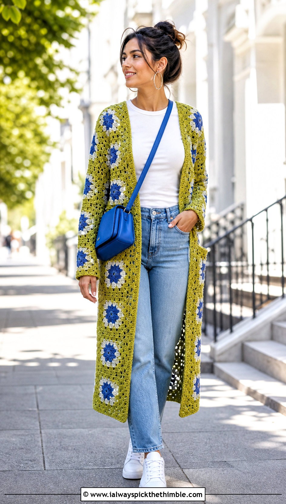 Granny Square Crochet Duster With Straight Jeans - 15 crochet long cardigan with pockets outfit ideas