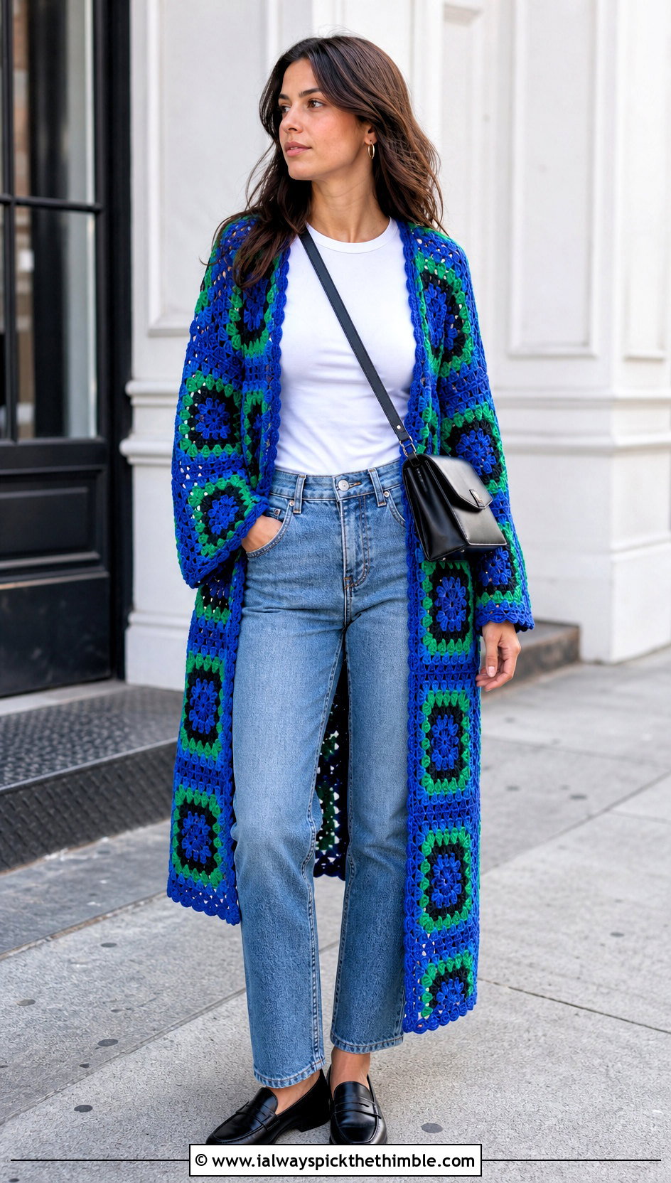 Granny Square Crochet Duster With Straight Leg Jeans - 25 crochet long jacket outfit ideas