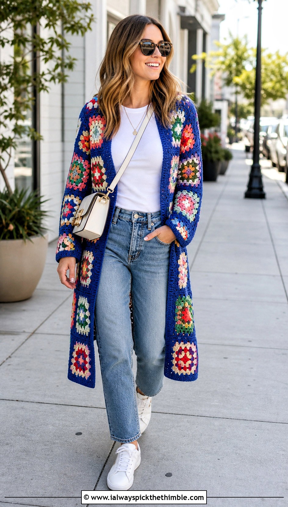 Granny Square Crochet Duster With Straight Leg Jeans - 25 crochet long cardigan outfit ideas