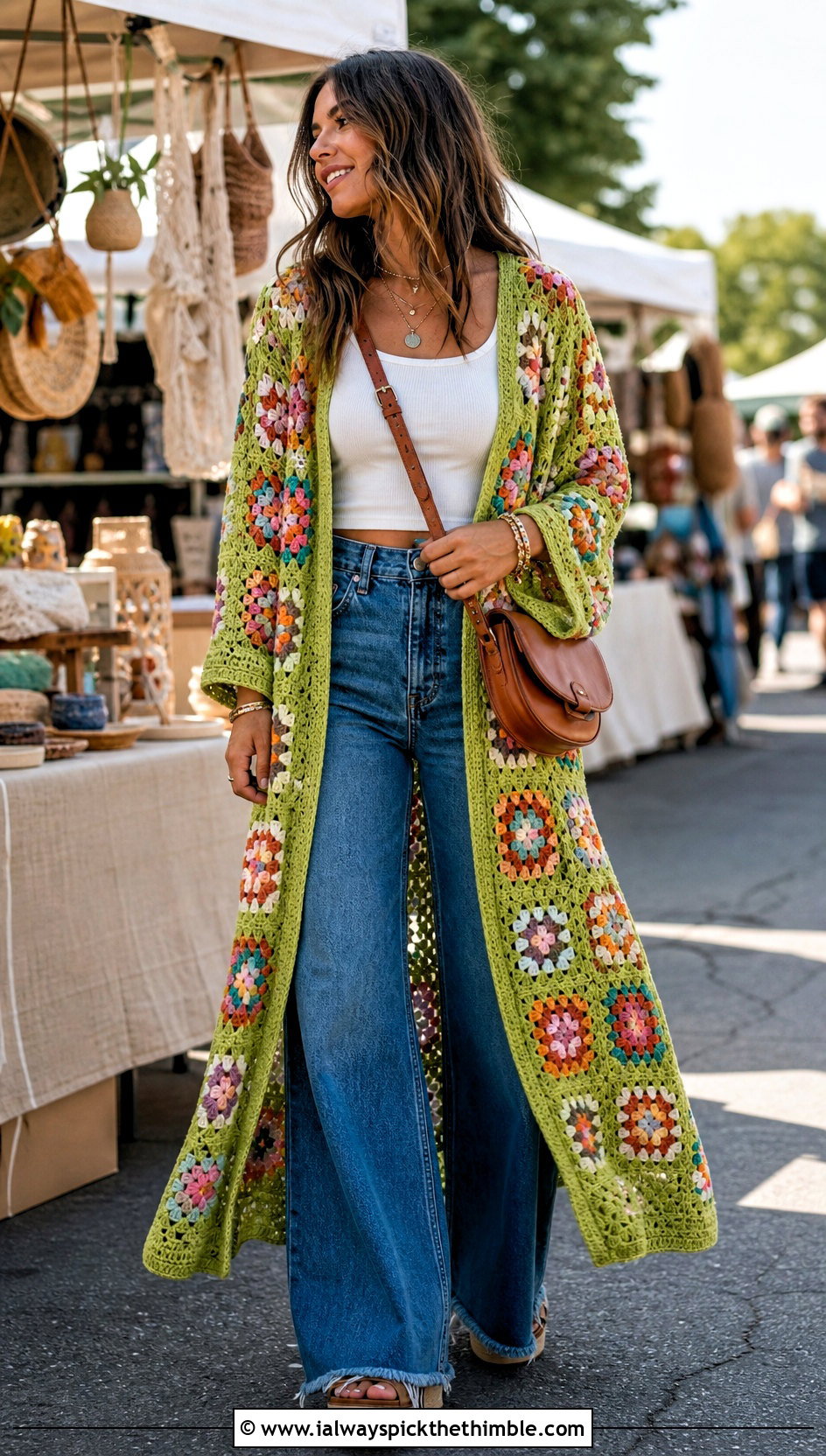 Granny Square Crochet Duster With Tank Top And Wide Leg Jeans - 20 Easy Crochet Duster outfit ideas