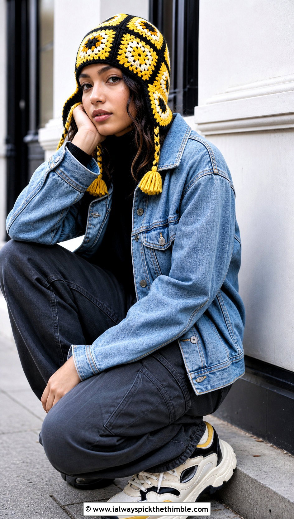 Granny Square Crochet Ear Flap Beanie With Denim Jacket - 20 crochet ear flap beanie outfit ideas