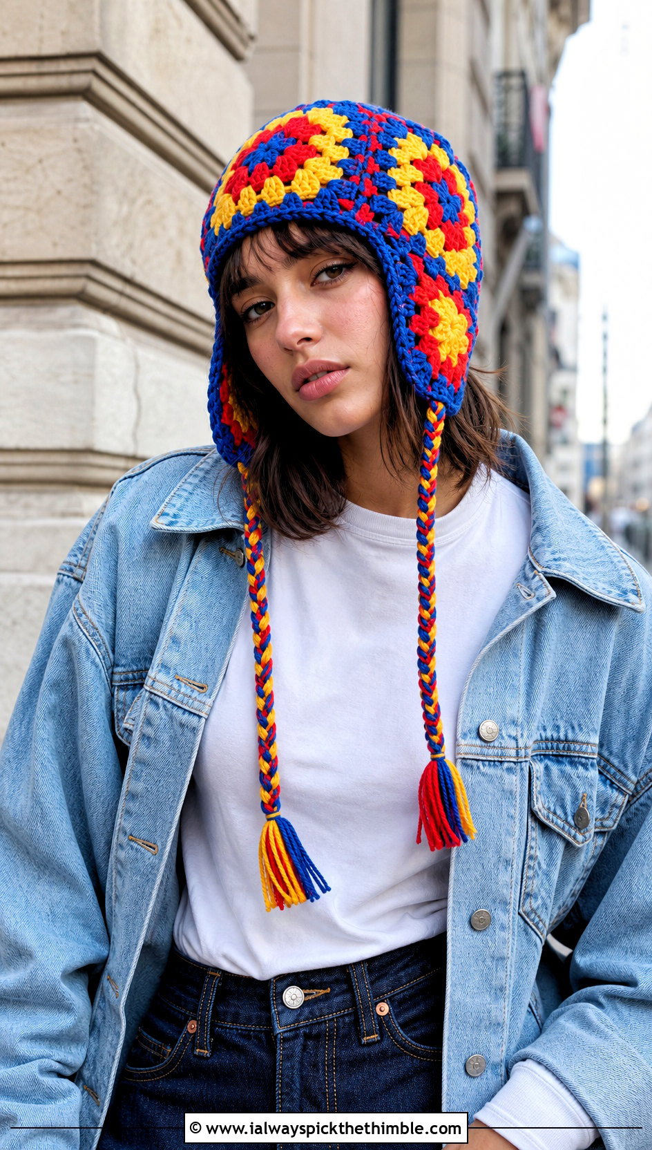 Granny Square Crochet Ear Flap Hat With Denim Jacket - 20 crochet ear flap hat outfit ideas