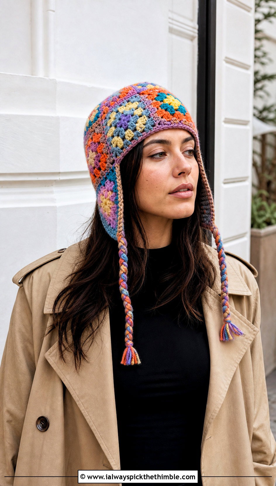 Granny Square Crochet Ear Flap Hat With Trench Coat - 20 crochet adult ear flap hat outfit ideas