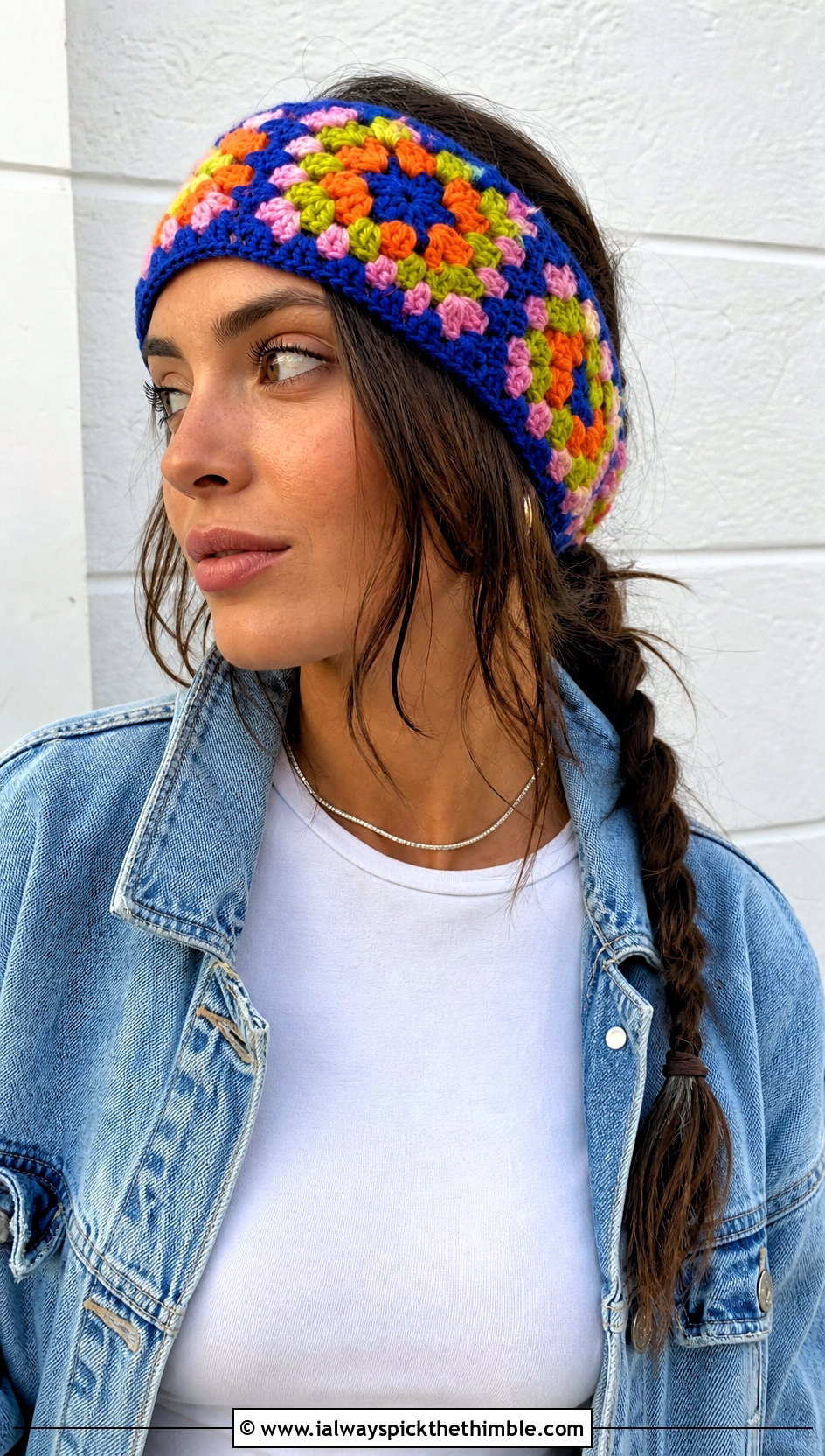 Granny Square Crochet Ear Headband With Denim Jacket - 20 crochet ear headband outfit ideas