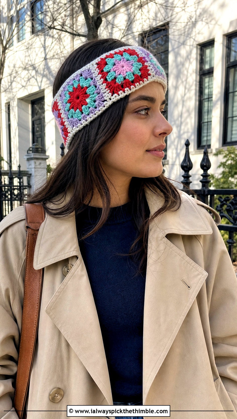 Granny Square Crochet Ear Warmer With Trench Coat and Jeans - 20 Simple Crochet Ear Warmer outfit ideas