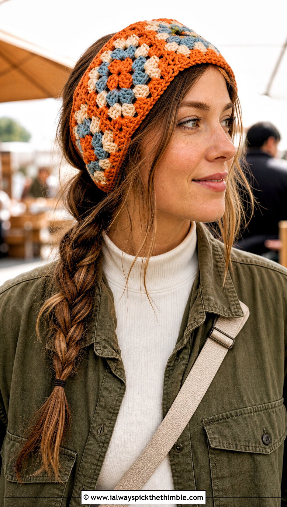 Granny Square Crochet Ear Wrap With Utility Jacket - 20 crochet ear wrap outfit ideas
