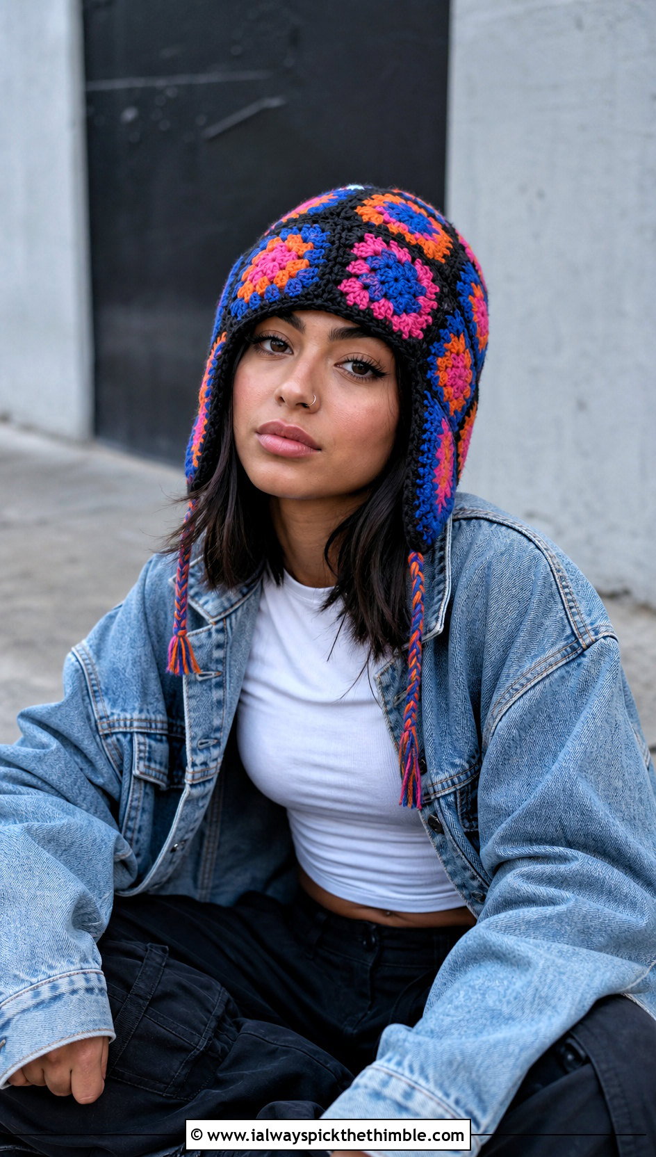 Granny Square Crochet Earflap Beanie With Denim Jacket - 20 crochet earflap beanie outfit ideas