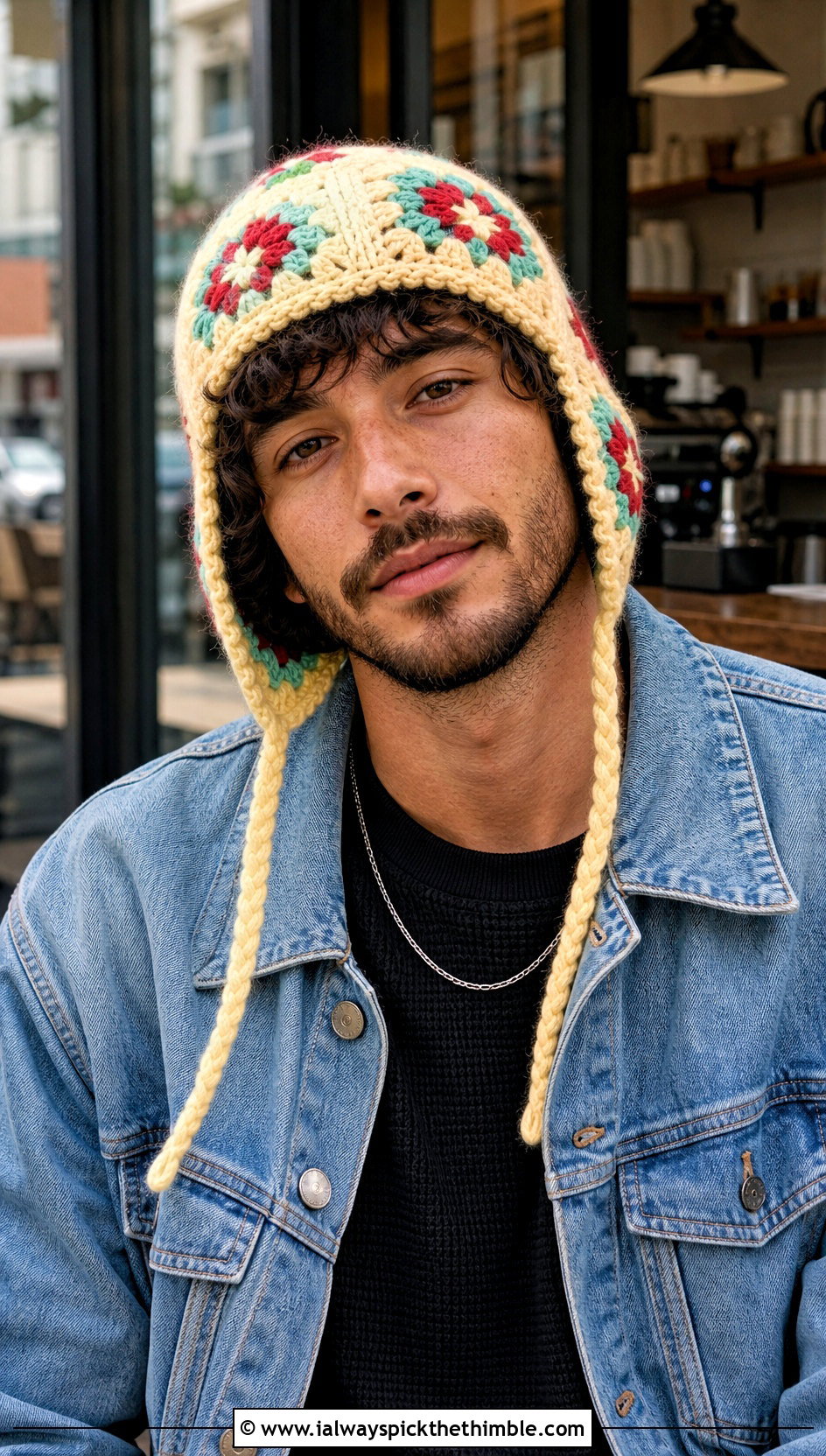 Granny Square Crochet Earflap Hat With Denim Jacket - 15 Mens Crochet Hat With Earflaps outfit ideas