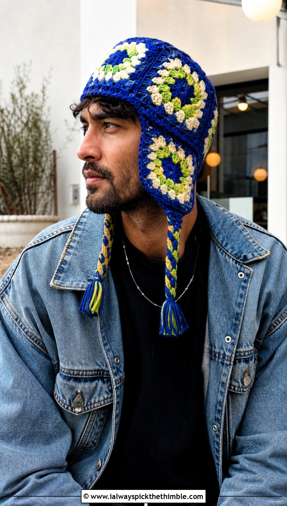 Granny Square Crochet Earflap Hat With Denim Jacket - 20 Mens Crochet Earflap Hat outfit ideas