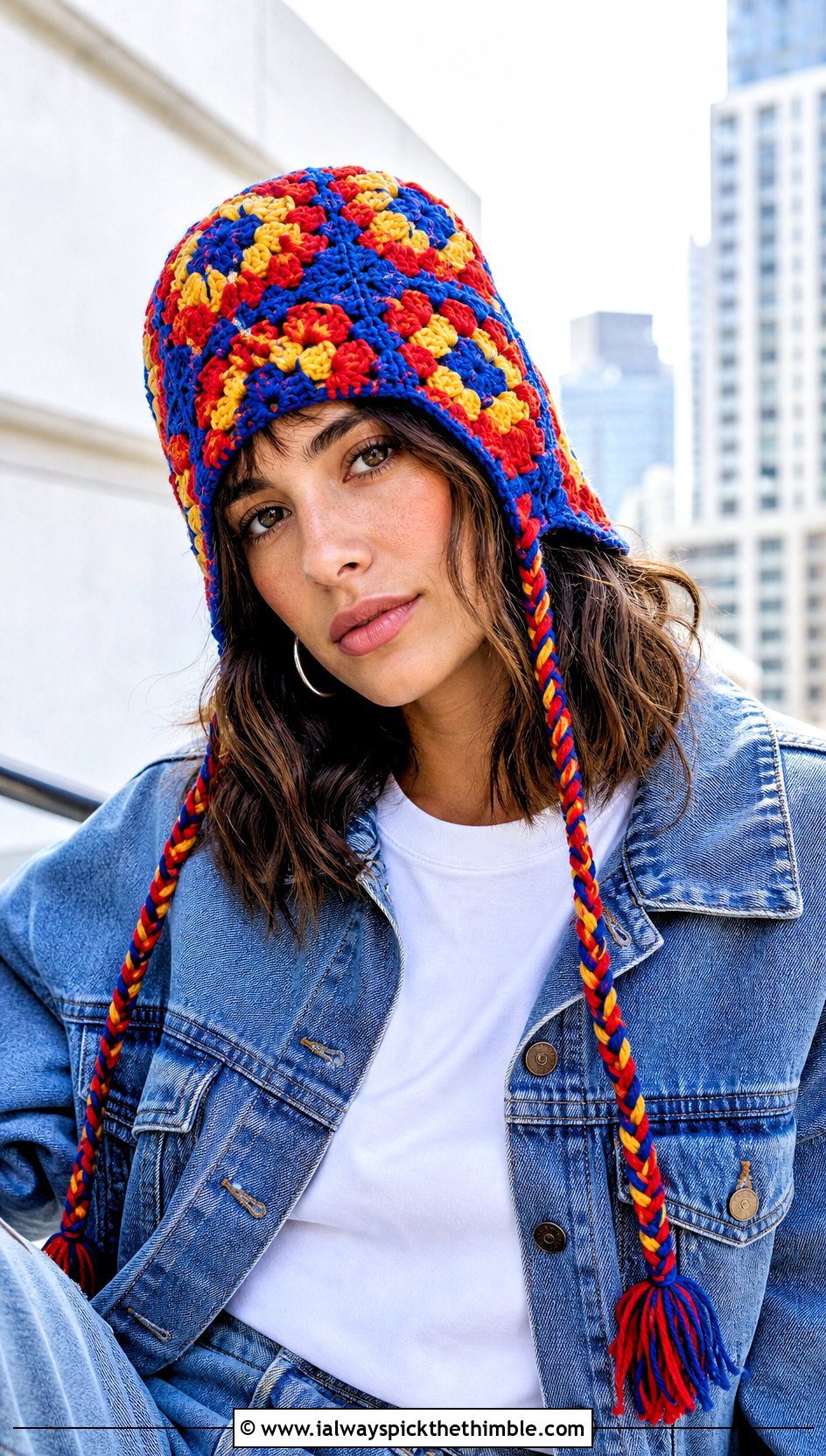 Granny Square Crochet Earflap Hat With Denim Jacket - 25 crochet earflap hat outfit ideas
