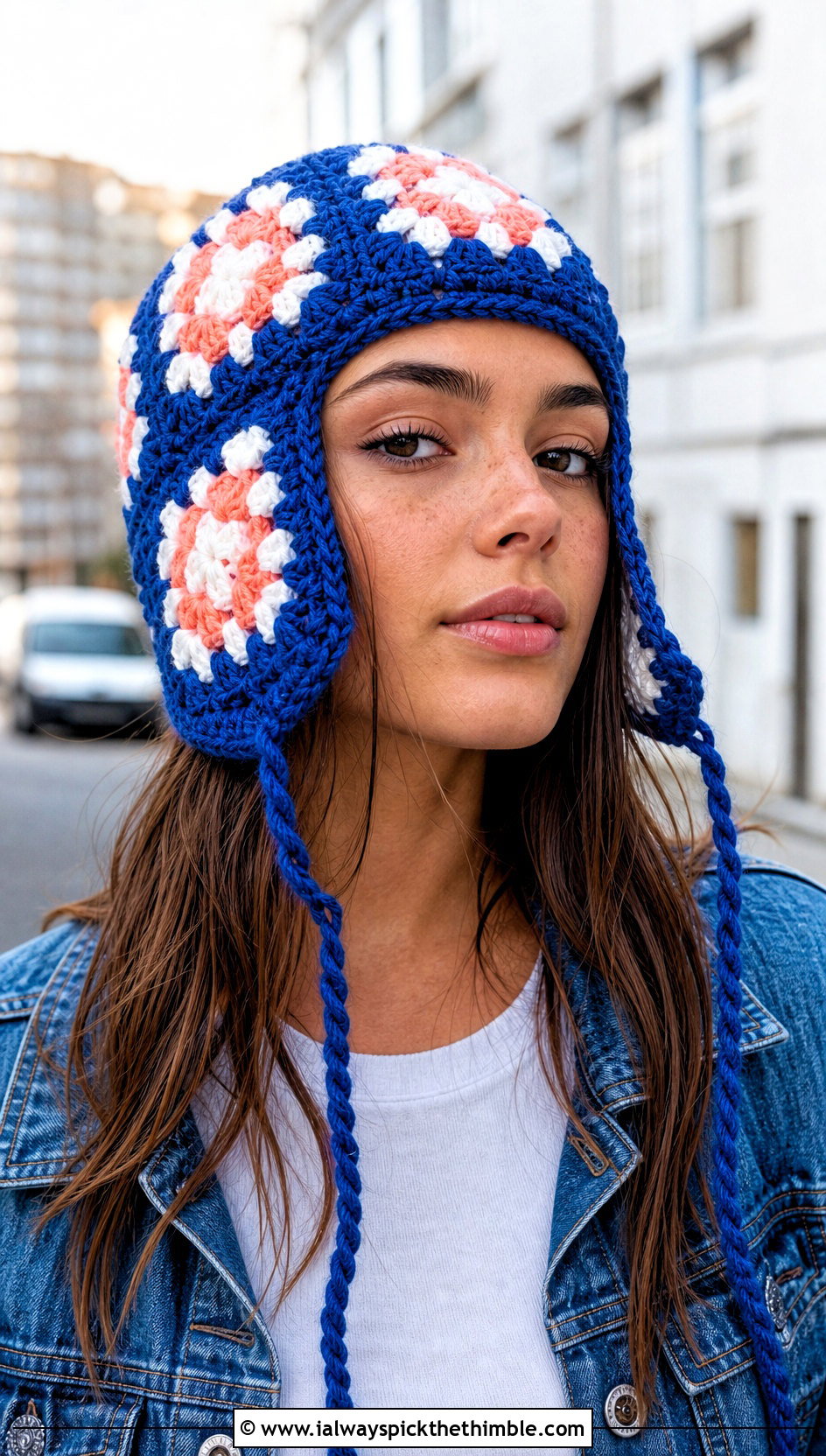Granny Square Crochet Earflap Hat With Denim Jacket - 15 Crochet Hat With Earflaps outfit ideas