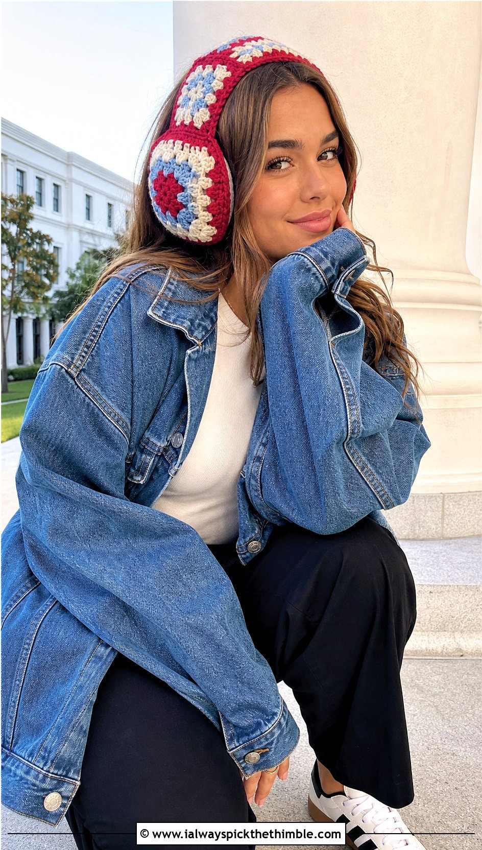 Granny Square Crochet Earmuffs Headband With Denim Jacket - 20 Crochet Earmuffs Headband outfit ideas