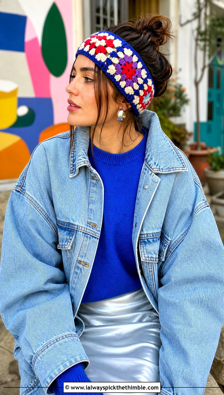 Granny Square Crochet Earwarmer With Denim Jacket - 25 crochet earwarmer outfit ideas