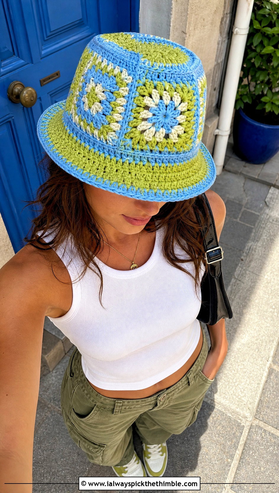 Granny Square Crochet Fedora Hat With Cargo Pants - 20 crochet fedora hat outfit ideas