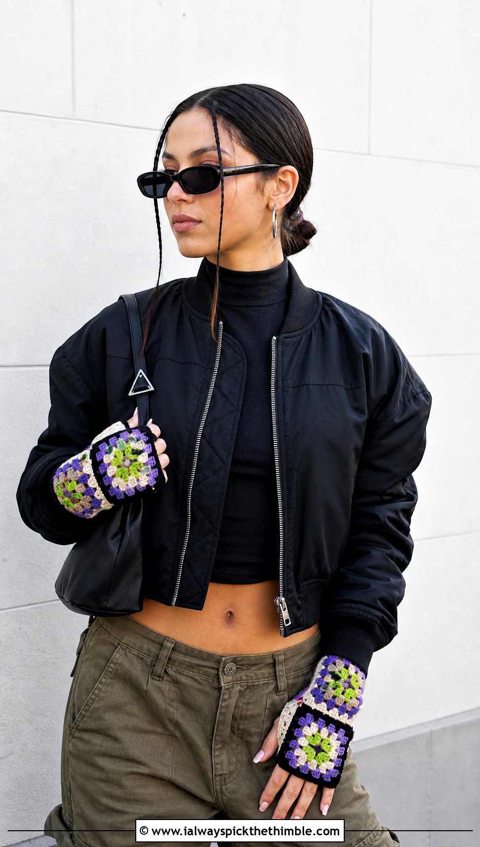 Granny Square Crochet Fingerless Gloves With Cargo Pants - 25 crochet fingerless gloves outfit ideas