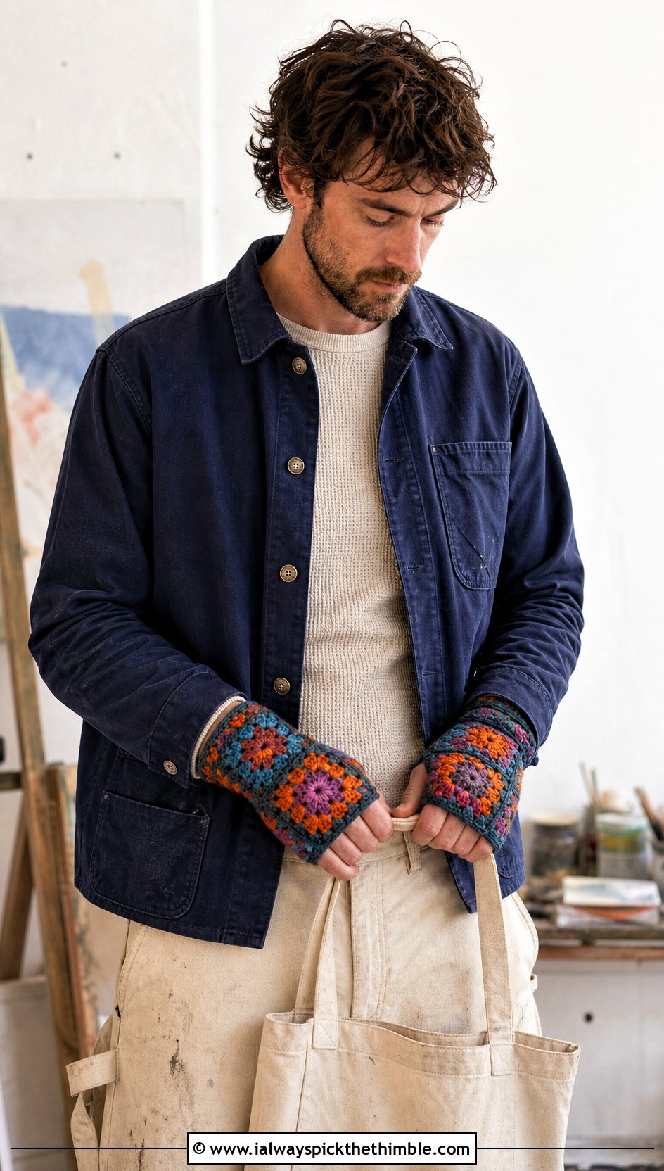 Granny Square Crochet Fingerless Gloves With Chore Jacket - 20 Crochet Mens Fingerless Gloves outfit ideas