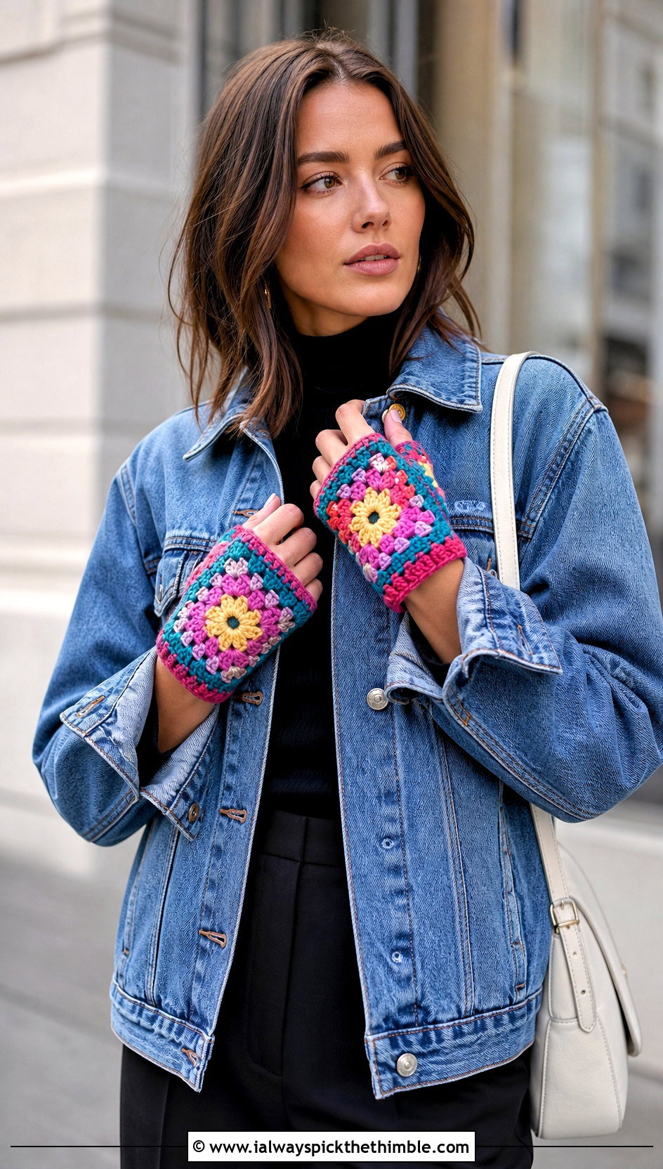 Granny Square Crochet Fingerless Gloves With Denim Jacket - 25 easy crochet fingerless gloves outfit ideas