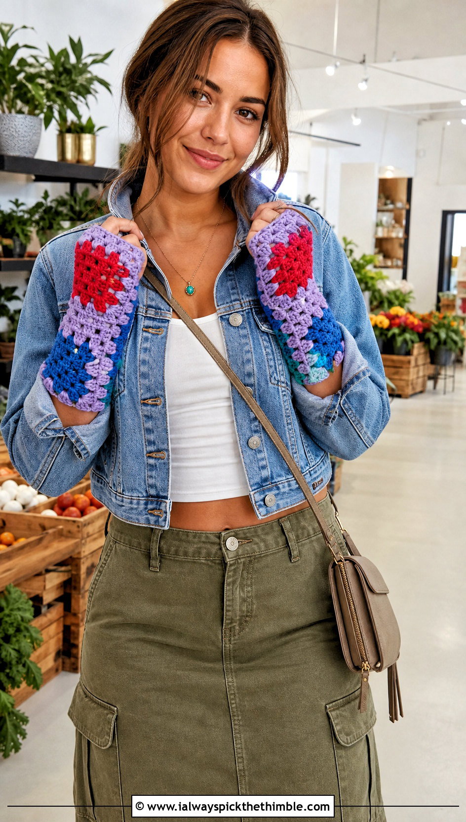 Granny Square Crochet Fingerless Gloves With Denim Jacket And Cargo Skirt - 20 Diy Crochet Fingerless Gloves outfit ideas
