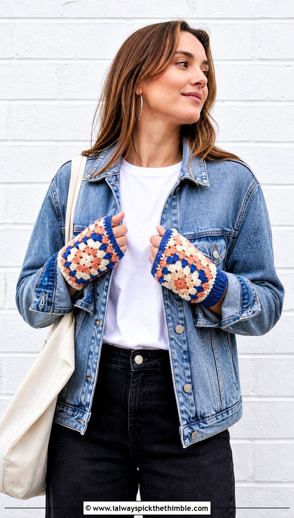 Granny Square Crochet Fingerless Gloves With Denim Jacket - 25 crochet hand warmer outfit ideas