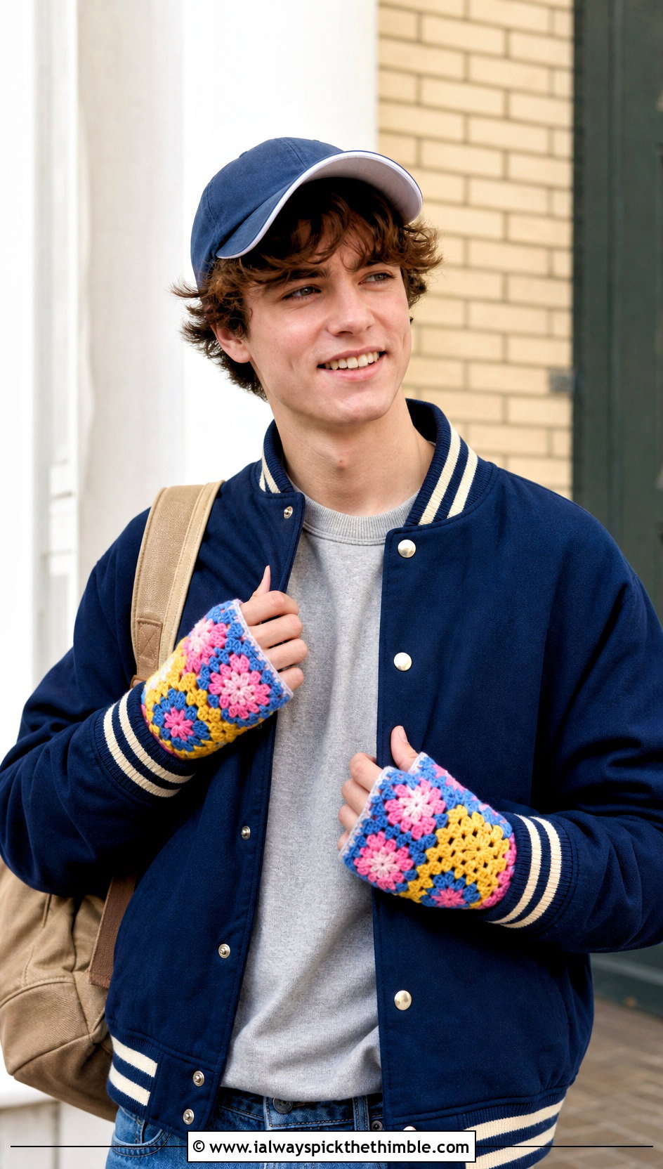Granny Square Crochet Fingerless Gloves With Varsity Jacket - 25 crochet gloves for men outfit ideas