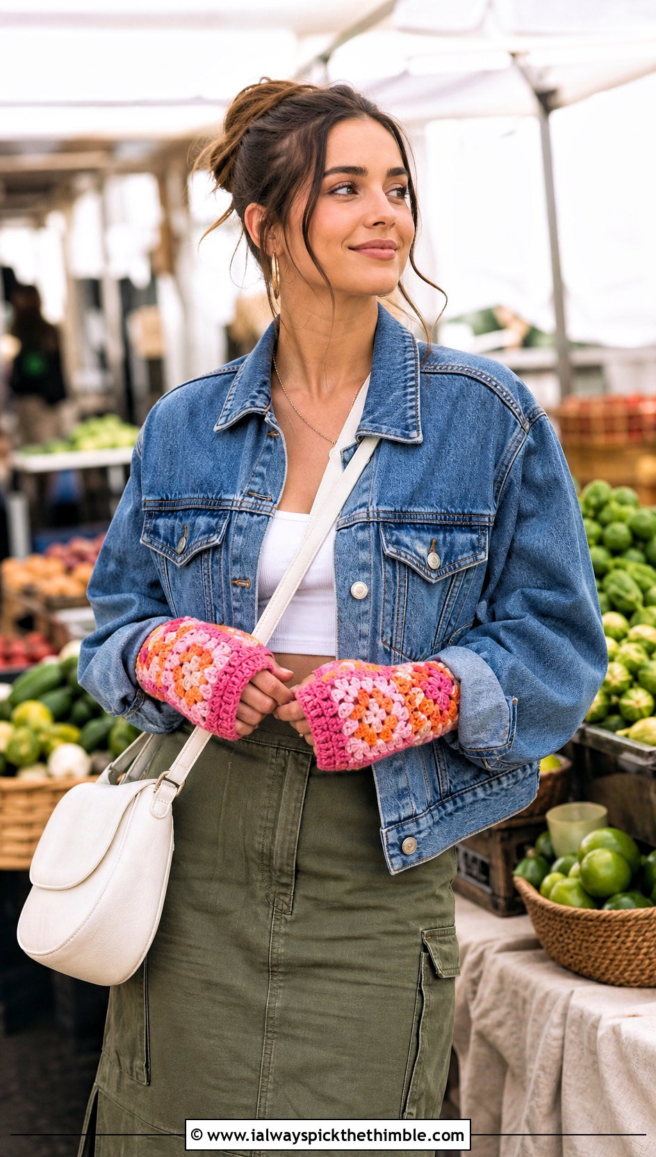 Granny Square Crochet Fingerless Mittens With Denim Jacket And Cargo Skirt - 20 crochet fingerless mittens outfit ideas
