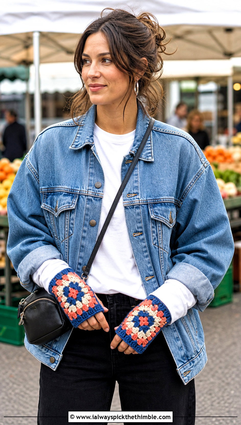 Granny Square Crochet Fingerless Mitts With Denim Jacket - 20 crochet half gloves fingerless mitts outfit ideas