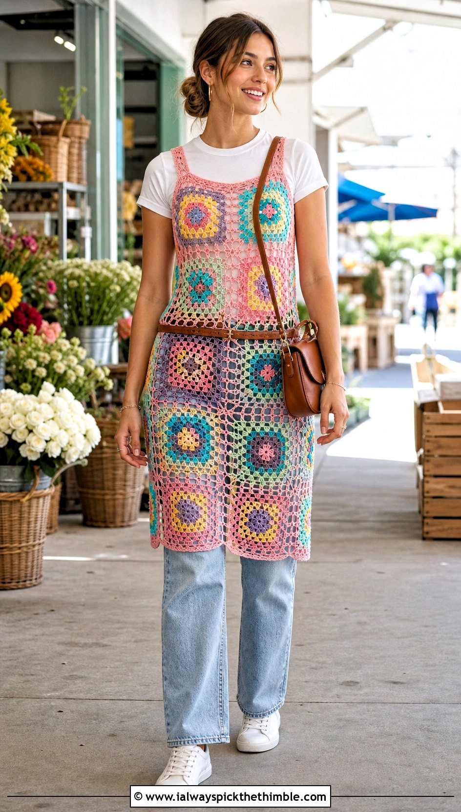 Granny Square Crochet Fishnet Dress With T Shirt And Jeans - 15 Crochet Fishnet Dress outfit ideas