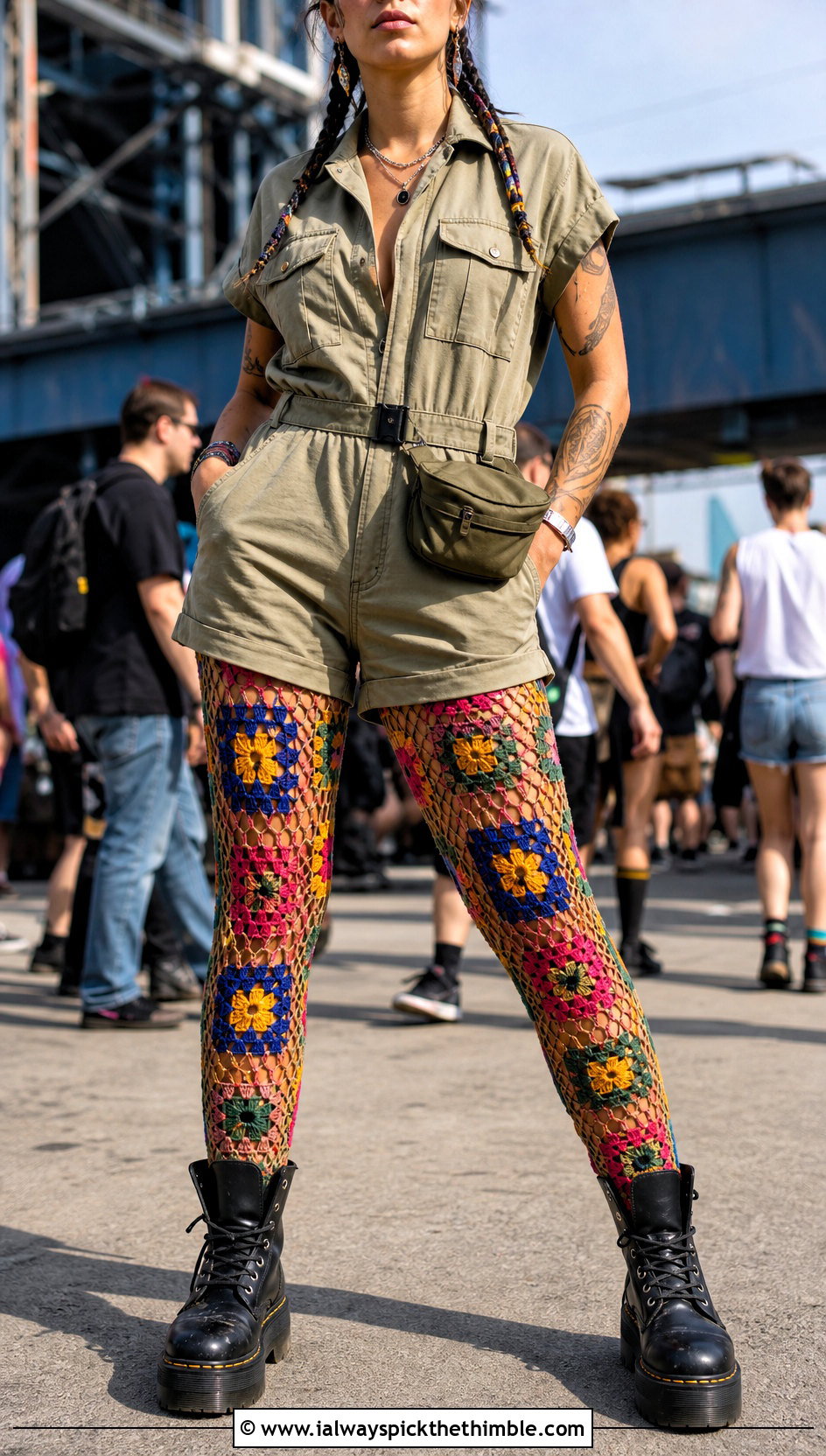 Granny Square Crochet Fishnet Stockings With Cargo Romper - 25 crochet fishnet stockings outfit ideas