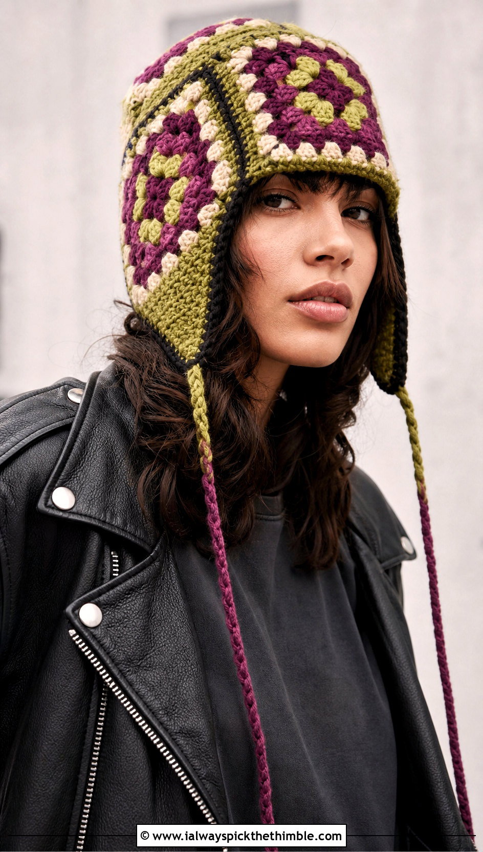 Granny Square Crochet Flap Hat With Leather Jacket - 20 crochet flap hat outfit ideas