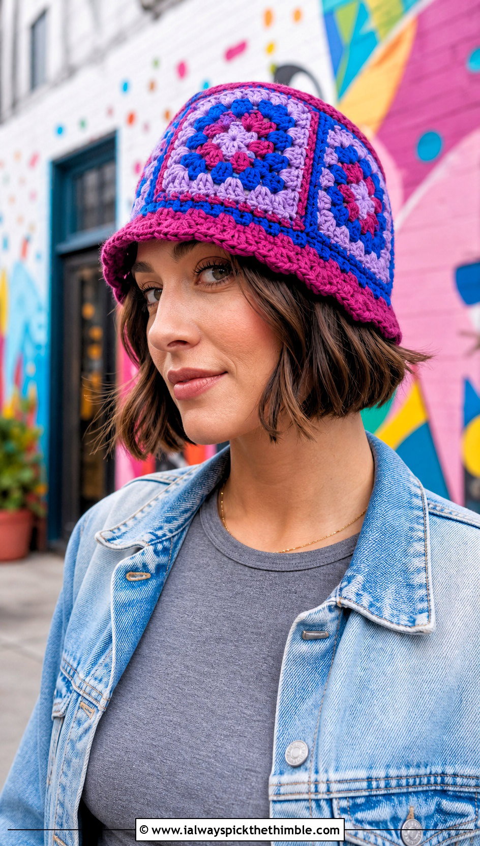 Granny Square Crochet Flapper Hat With Denim Jacket - 20 crochet flapper hat outfit ideas