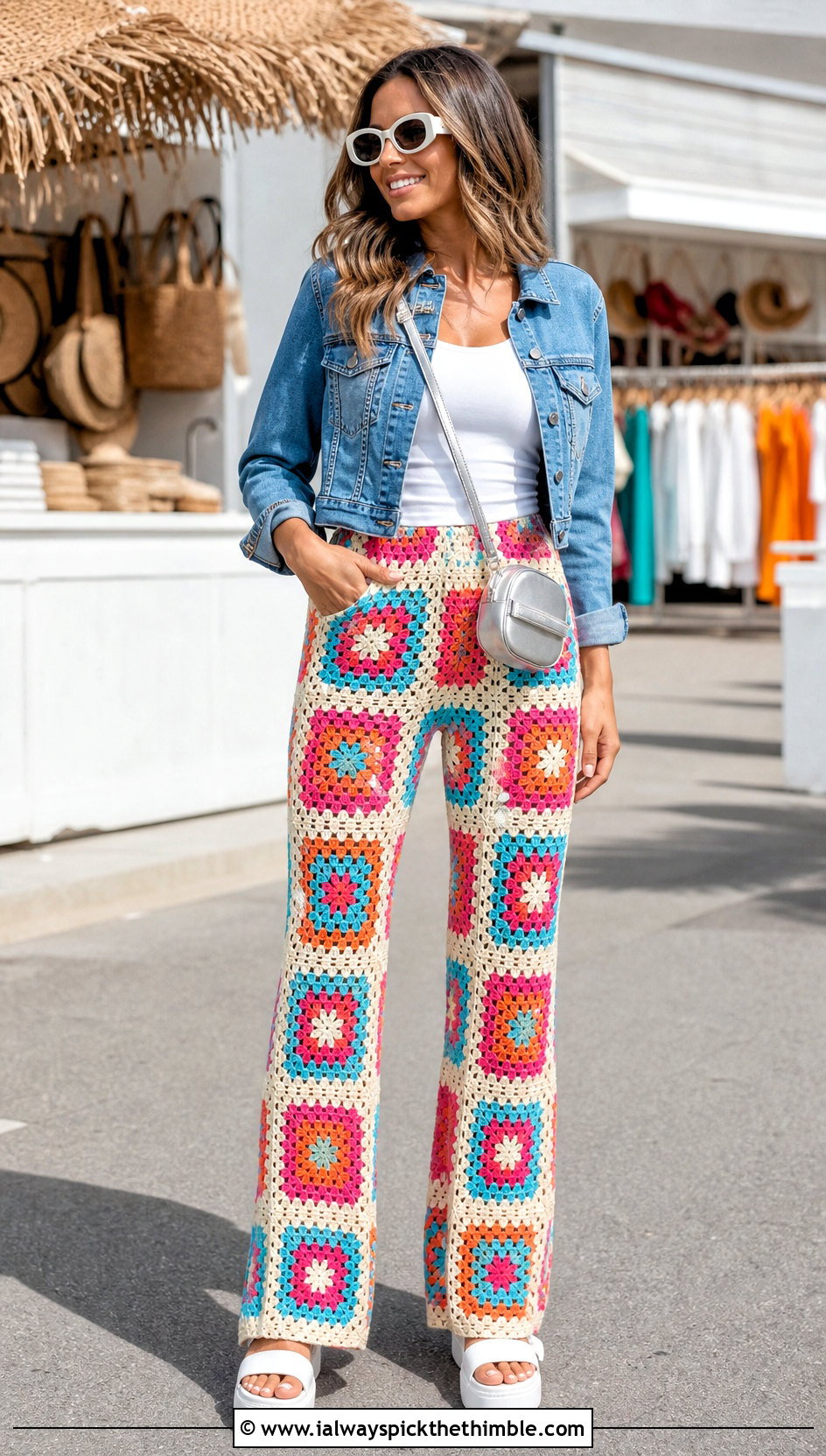 Granny Square Crochet Flare Pants With Denim Jacket - 20 flare crochet pants outfit ideas