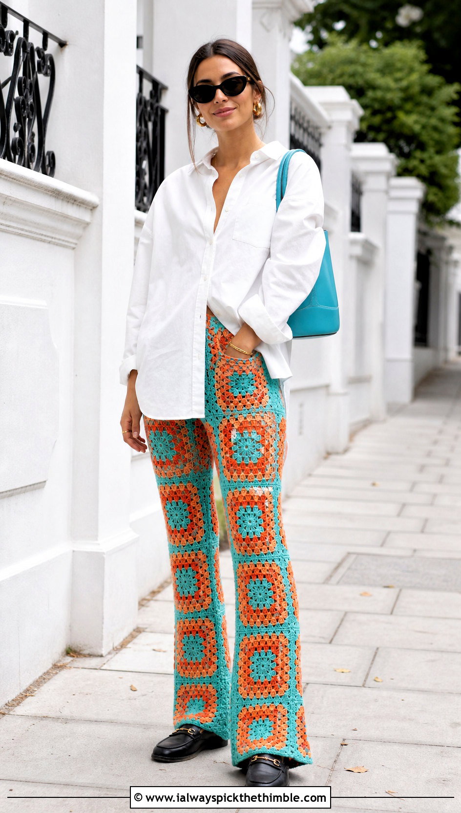 Granny Square Crochet Flare Pants With White Shirt - 25 crochet flare pants outfit ideas