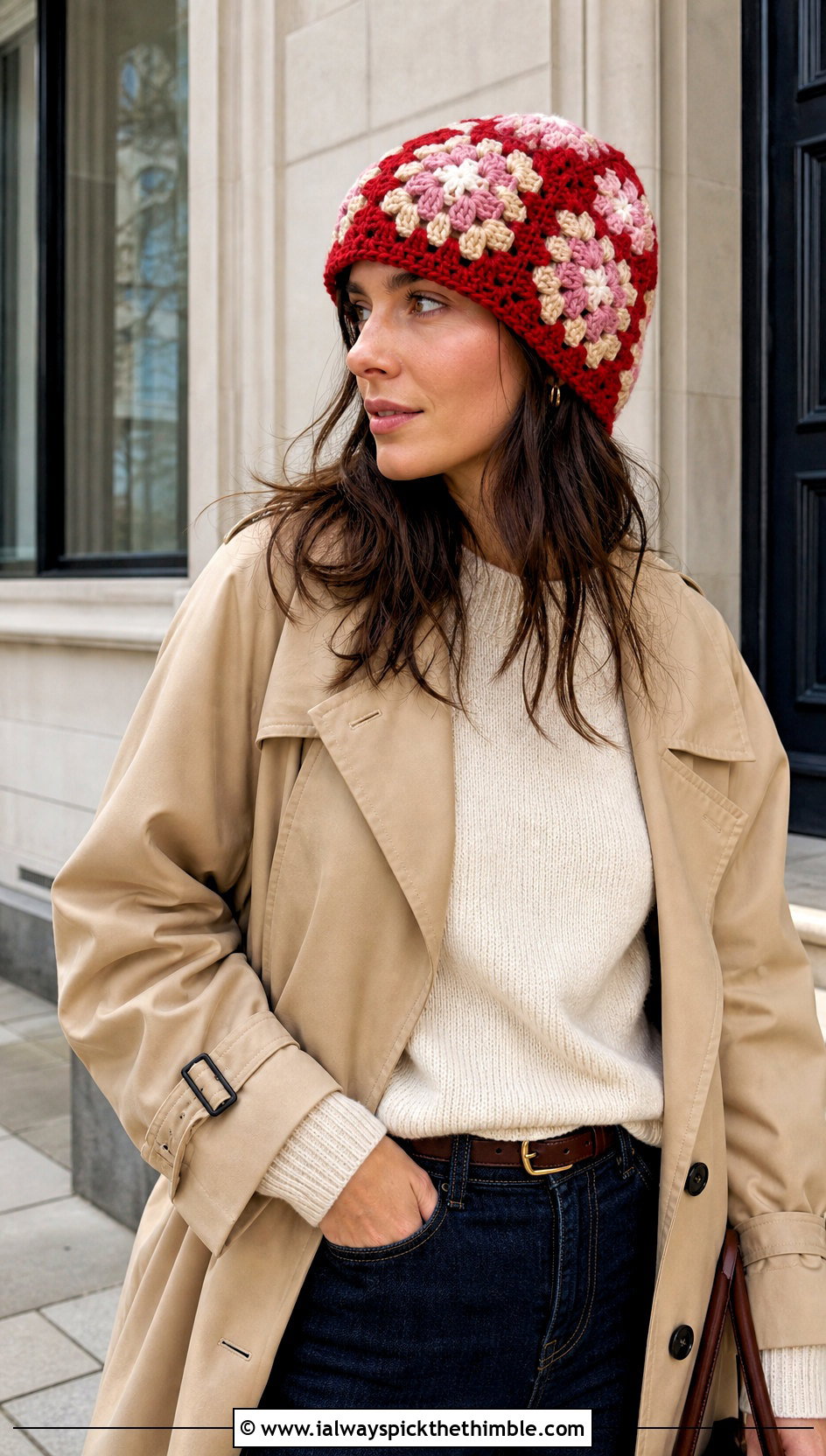 Granny Square Crochet Flower Beanie With Trench Coat - 20 crochet flower beanie outfit ideas