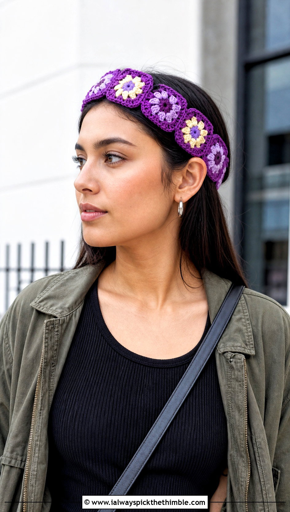 Granny Square Crochet Flower Crown Headband With Utility Jacket - 20 crochet flower crown headband outfit ideas