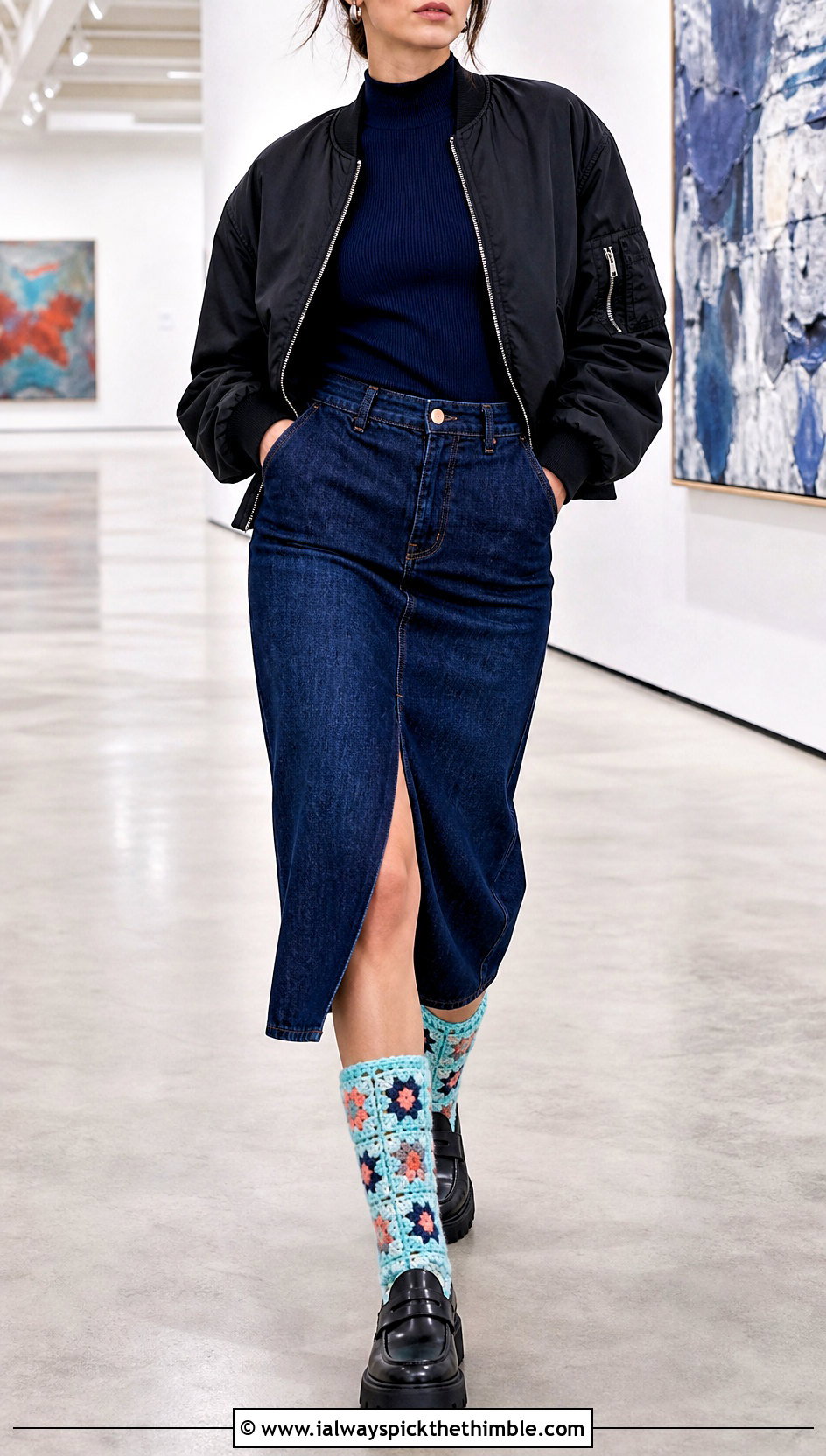 Granny Square Crochet Fluffy Socks With Denim Midi Skirt - 20 Crochet Fluffy Socks outfit ideas