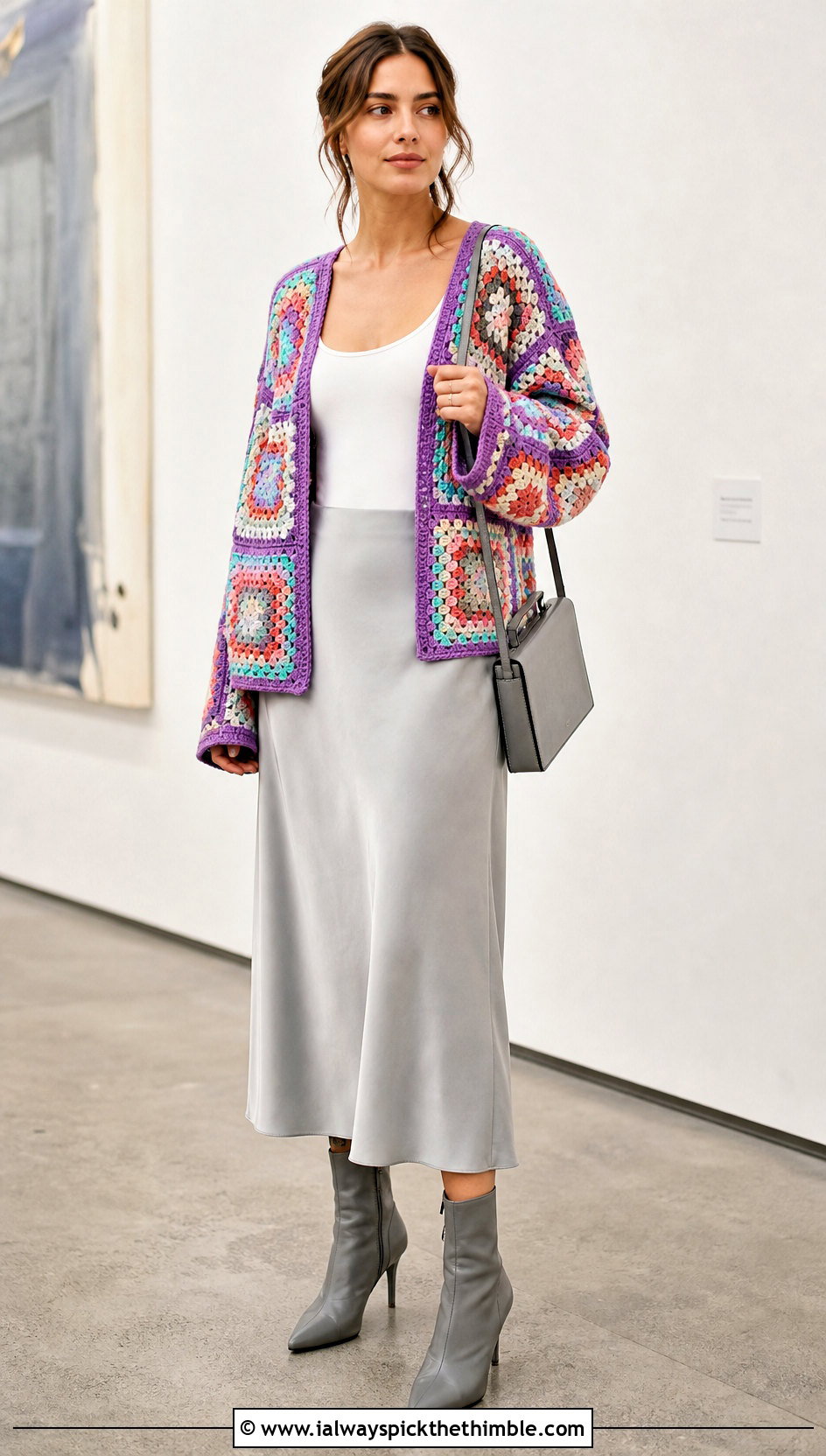 Granny Square Crochet Folklore Cardigan With Satin Midi Skirt - 25 crochet folklore cardigan outfit ideas