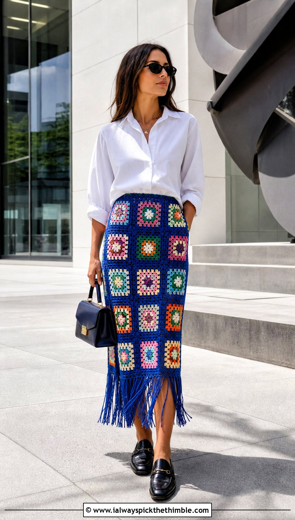 Granny Square Crochet Fringe Midi Skirt With White Shirt - 15 Crochet Fringe Skirt outfit ideas